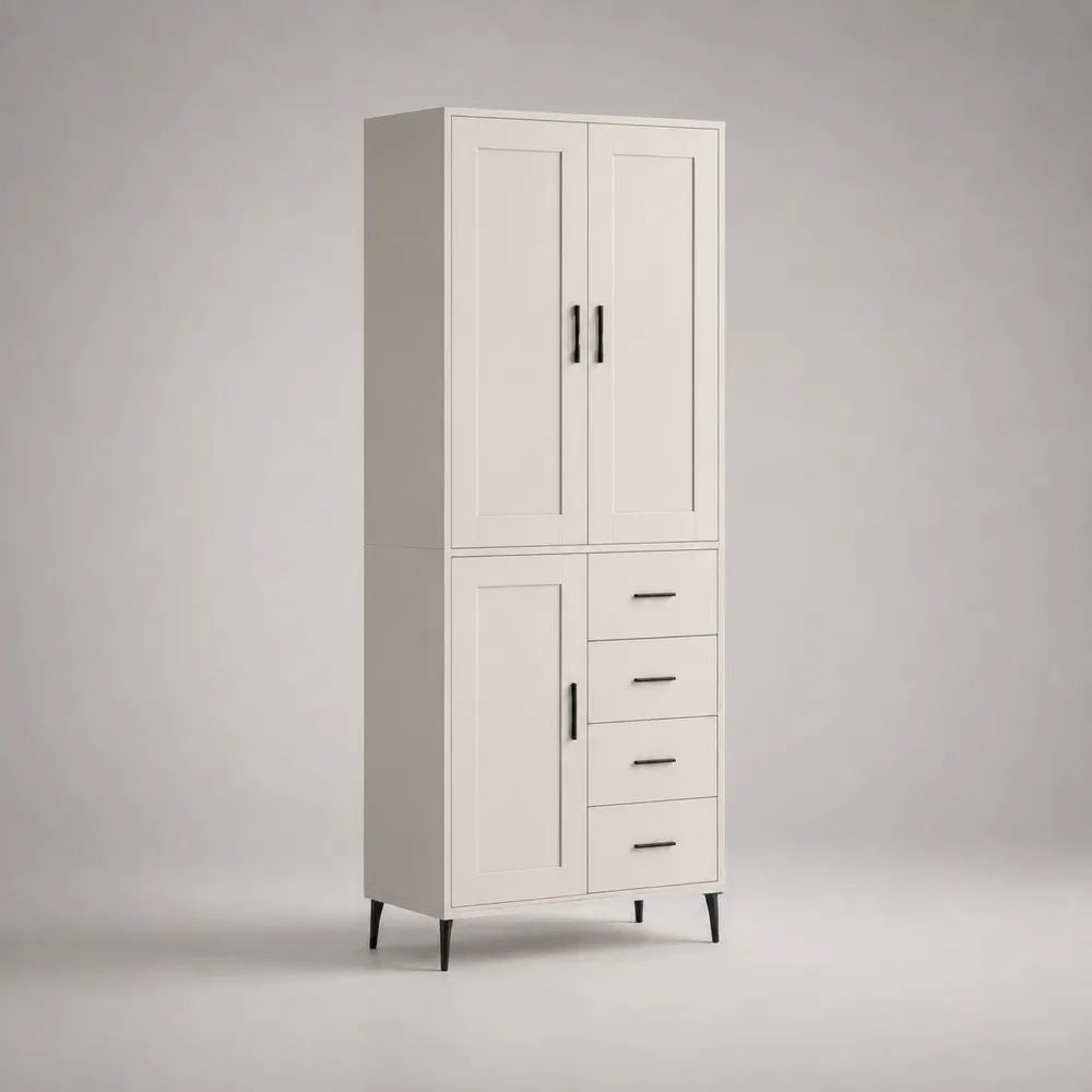 Buffet haut de rangement 3 portes et 4 tiroirs en MDF et panneaux mélaminés blanc et noir, 80 × 40 × 190 cm