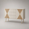 Buffet rectangulaire 2 portes et 3 tiroirs en MDF plaqué chêne et acier, blanc cassé, chêne naturel et doré, 120 × 40 × 80 cm