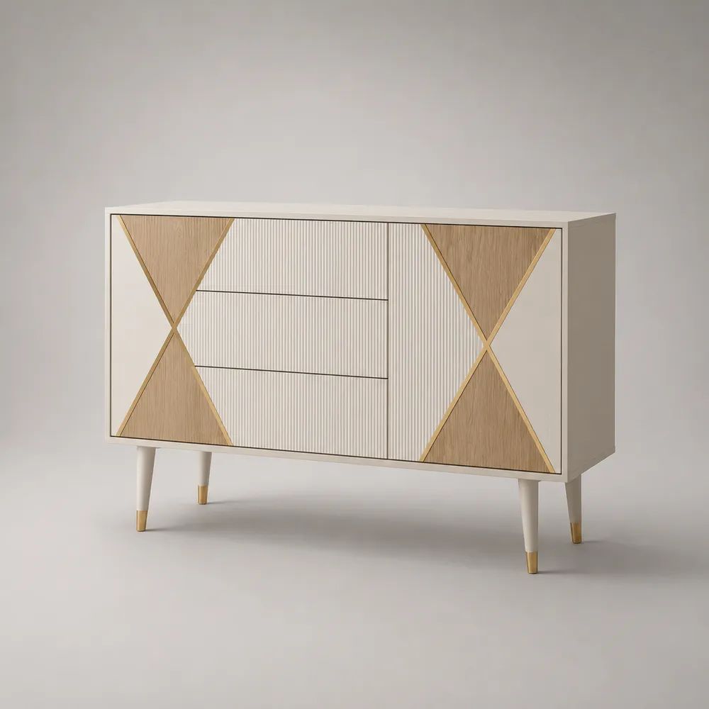 Buffet rectangulaire 2 portes et 3 tiroirs en MDF plaqué chêne et acier, blanc cassé, chêne naturel et doré, 120 × 40 × 80 cm