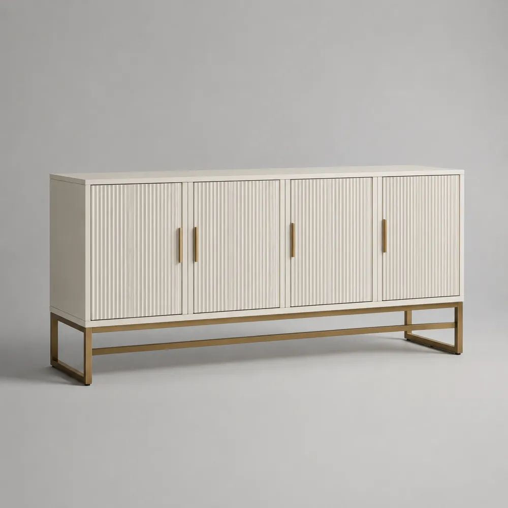 Buffet rectangulaire à 4 portes en MDF rainuré blanc avec piètement en acier doré, 160 × 40 × 80 cm