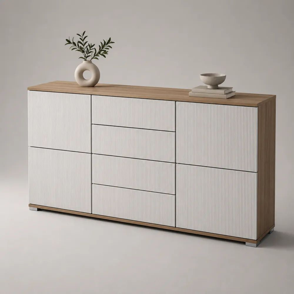 Buffet rectangulaire 4 portes et 4 tiroirs en panneaux de particules et MDF, blanc cassé et chêne naturel, 180 × 40 × 85 cm