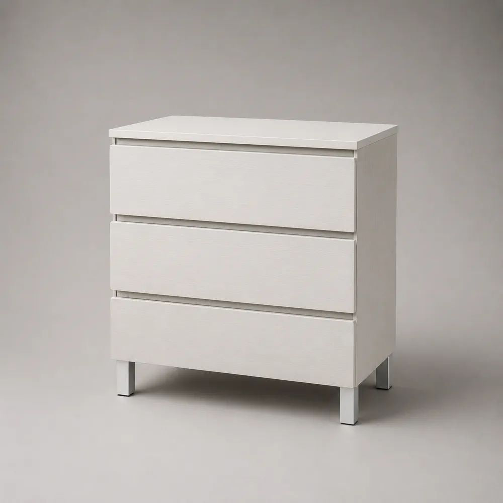 Meuble sous-vasque sur pieds à 3 tiroirs en bois et métal, blanc et gris clair, 60 × 35 × 75 cm