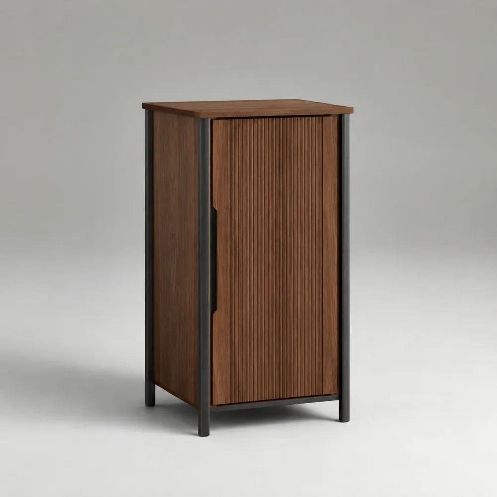Table de chevet haute rectangulaire à 1 porte en MDF plaqué noyer et acier noir, 40 × 35 × 70 cm
