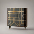 Buffet haut en bois à 2 portes et 3 niches, marron noyer, anthracite et doré, 140 × 40 × 155 cm
