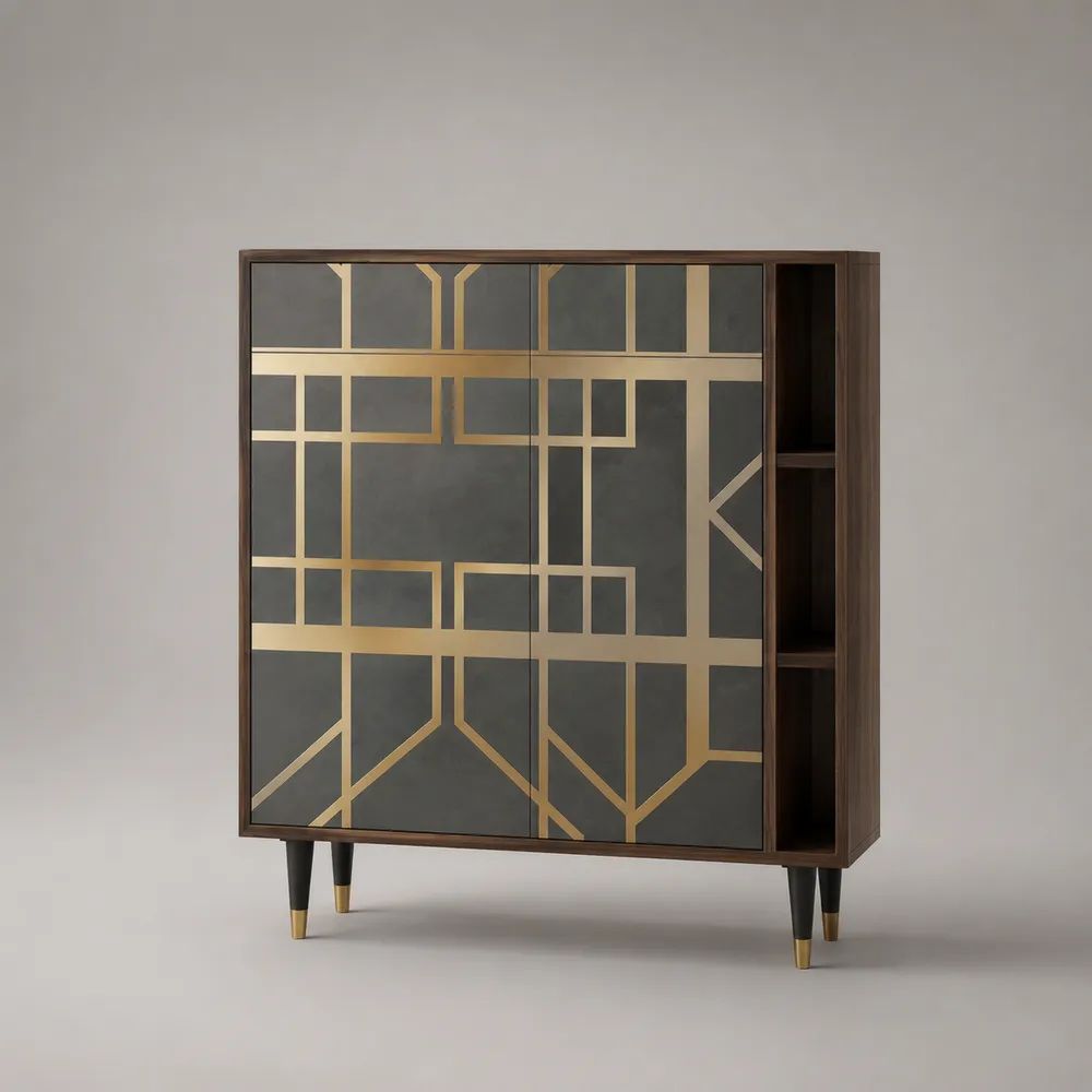 Buffet haut en bois à 2 portes et 3 niches, marron noyer, anthracite et doré, 140 × 40 × 155 cm