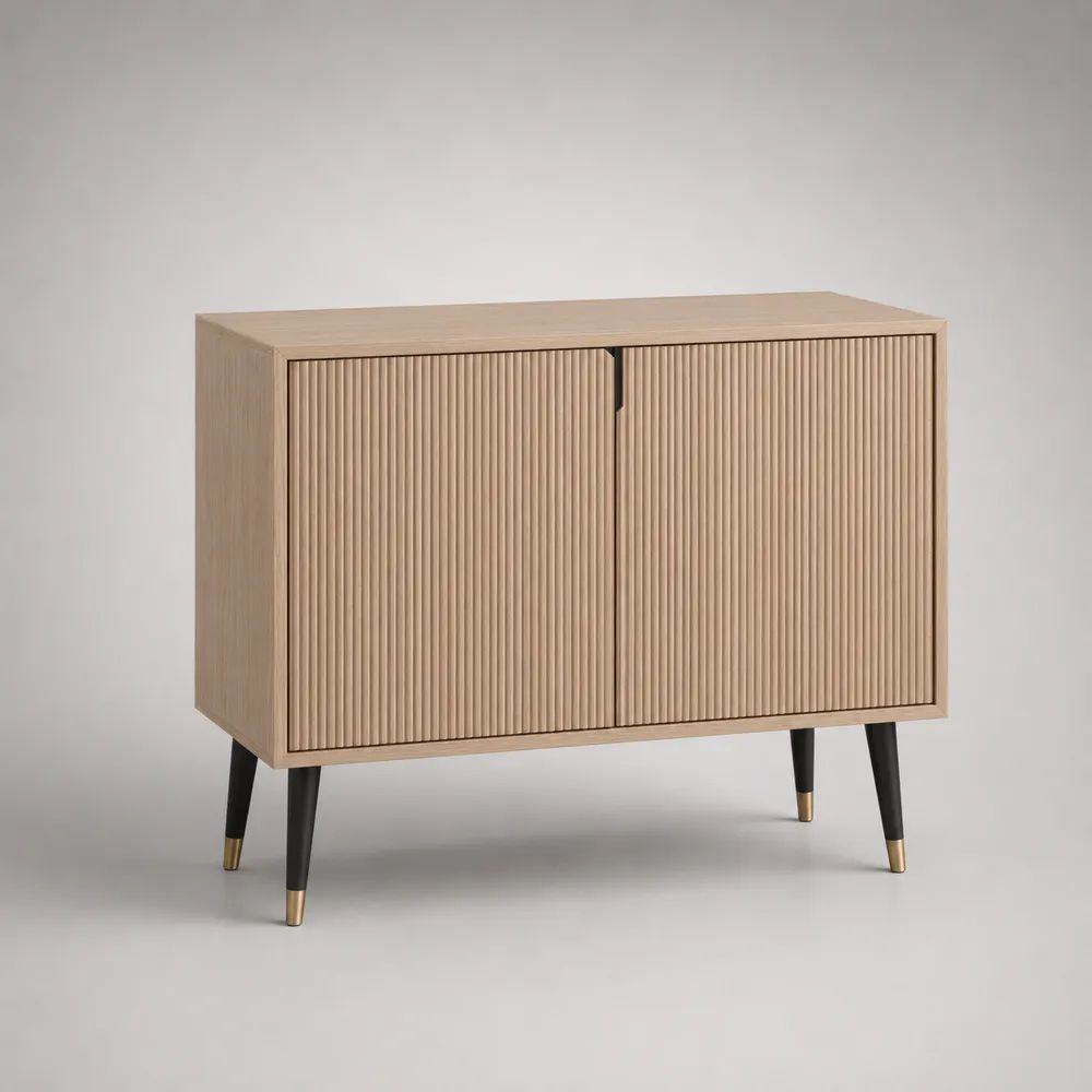 Buffet 2 portes en bois et MDF mélaminé à façades rainurées, chêne clair et noir, 100 × 40 × 80 cm