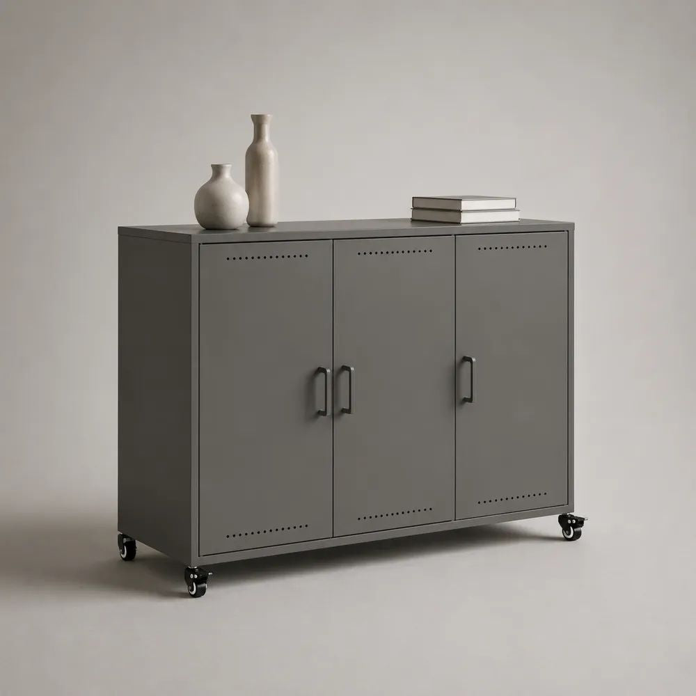 Buffet mobile à 3 portes en acier gris anthracite et noir, 120 x 40 x 90 cm