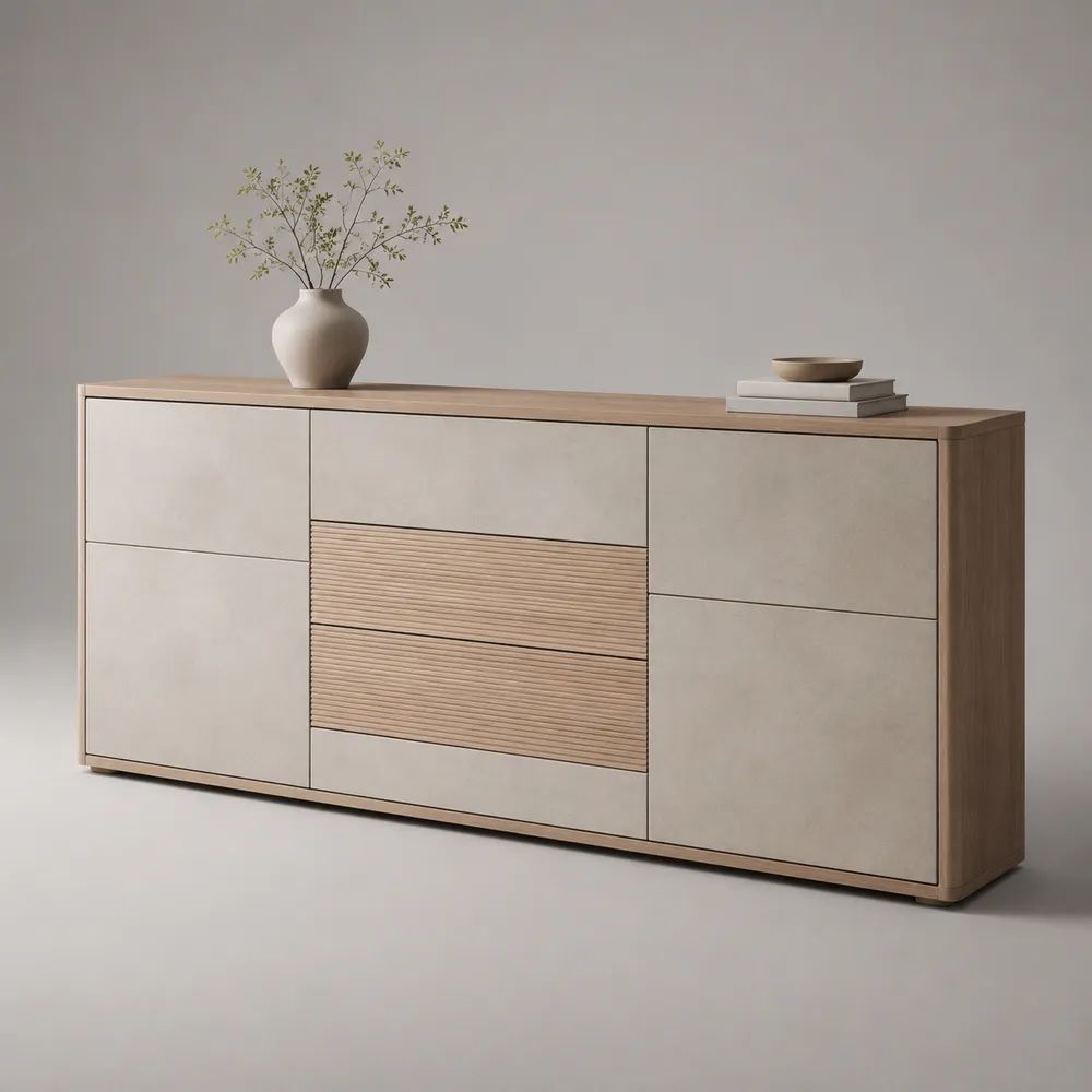 Buffet bas rectangulaire en MDF, 4 portes et 2 tiroirs, beige et chêne naturel, 200 × 45 × 80 cm