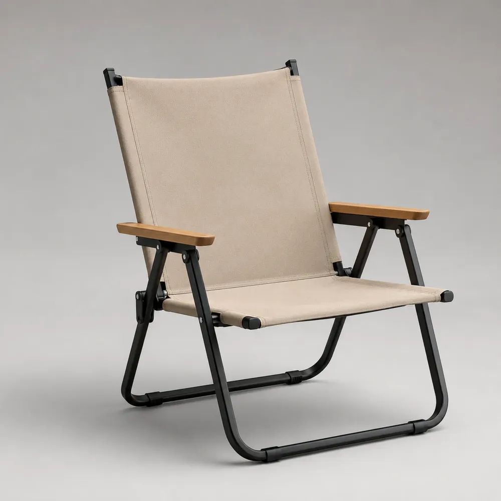 Fauteuil de jardin pliant en polyester, acier et acacia beige, noir et brun clair, 59 × 72 × 86 cm