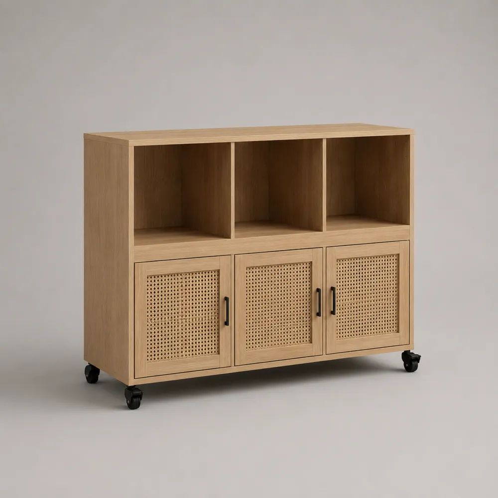 Buffet mobile en panneaux de particules plaqués chêne et cannage en rotin, 3 portes et 3 niches, chêne naturel et noir, 120 × 40 × 100 cm