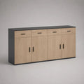 Buffet rectangulaire en panneaux de particules, 4 portes et 4 tiroirs, chêne clair et noir, 200 × 40 × 85 cm