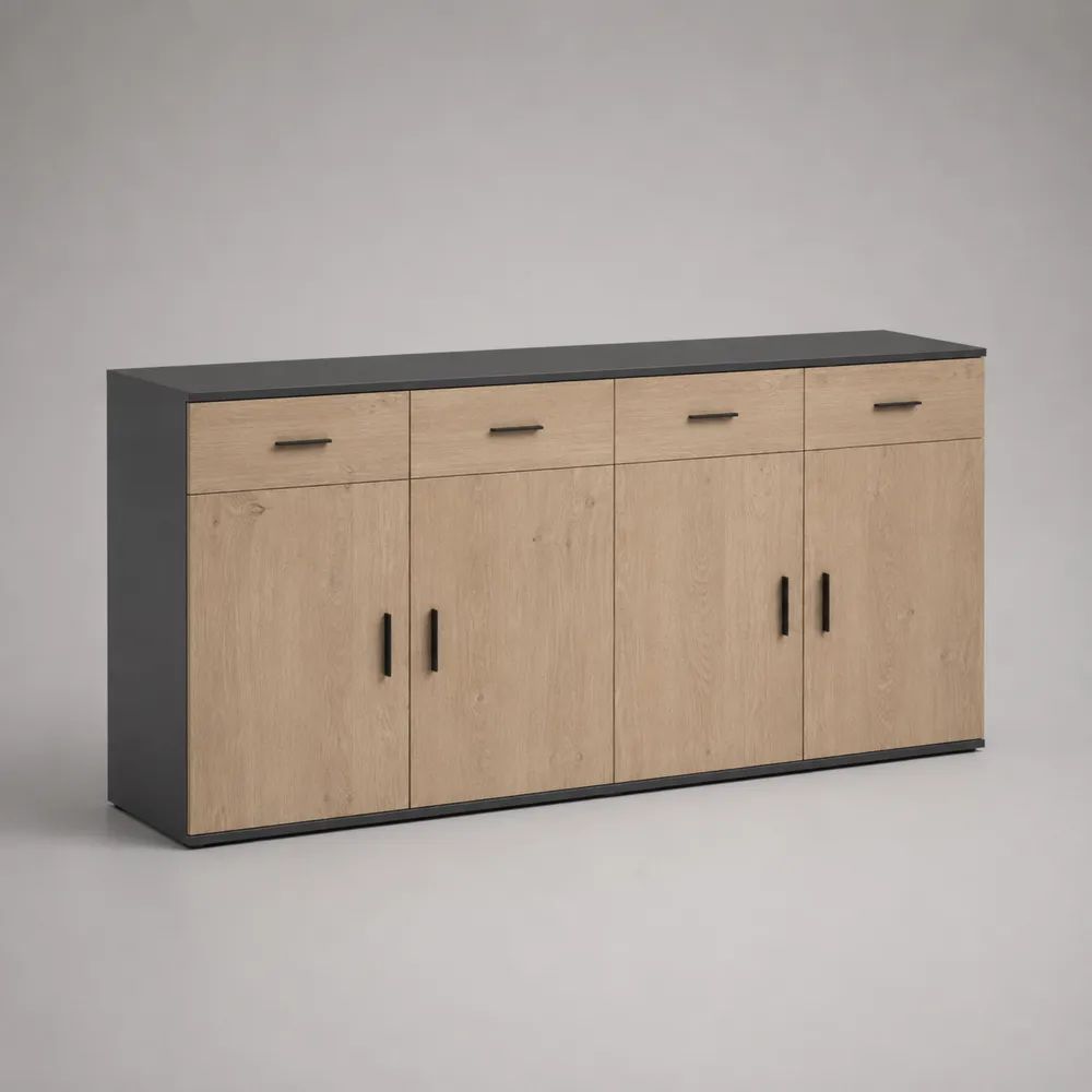 Buffet rectangulaire en panneaux de particules, 4 portes et 4 tiroirs, chêne clair et noir, 200 × 40 × 85 cm