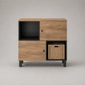 Buffet bas à 2 portes en panneaux de particules avec 2 niches et panier, chêne naturel, noir et beige, 90 × 35 × 90 cm