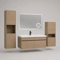 Ensemble de salle de bains suspendu 5 pièces en MDF mélaminé chêne clair, meuble sous-vasque 100 × 46 × 48 cm, vasque blanche, miroir LED 90 × 60 cm et 2 colonnes