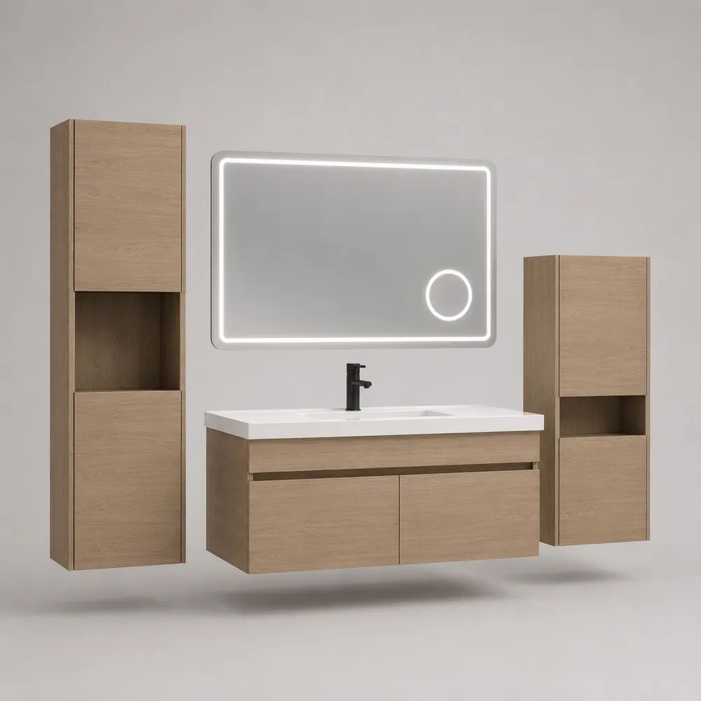 Ensemble de salle de bains suspendu 5 pièces en MDF mélaminé chêne clair, meuble sous-vasque 100 × 46 × 48 cm, vasque blanche, miroir LED 90 × 60 cm et 2 colonnes