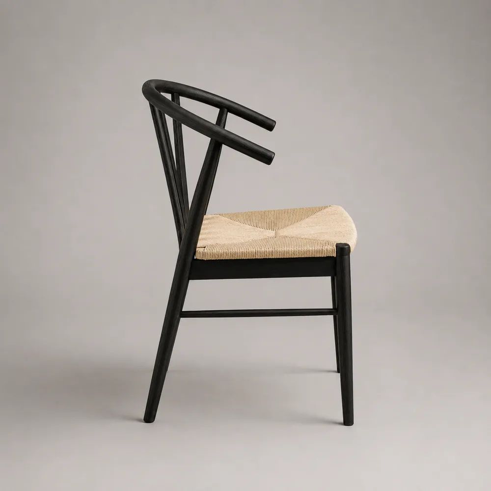 Chaise de salle à manger en hêtre massif et corde de papier tressée, dossier incurvé, noir et beige naturel, 55 × 51 × 76 cm