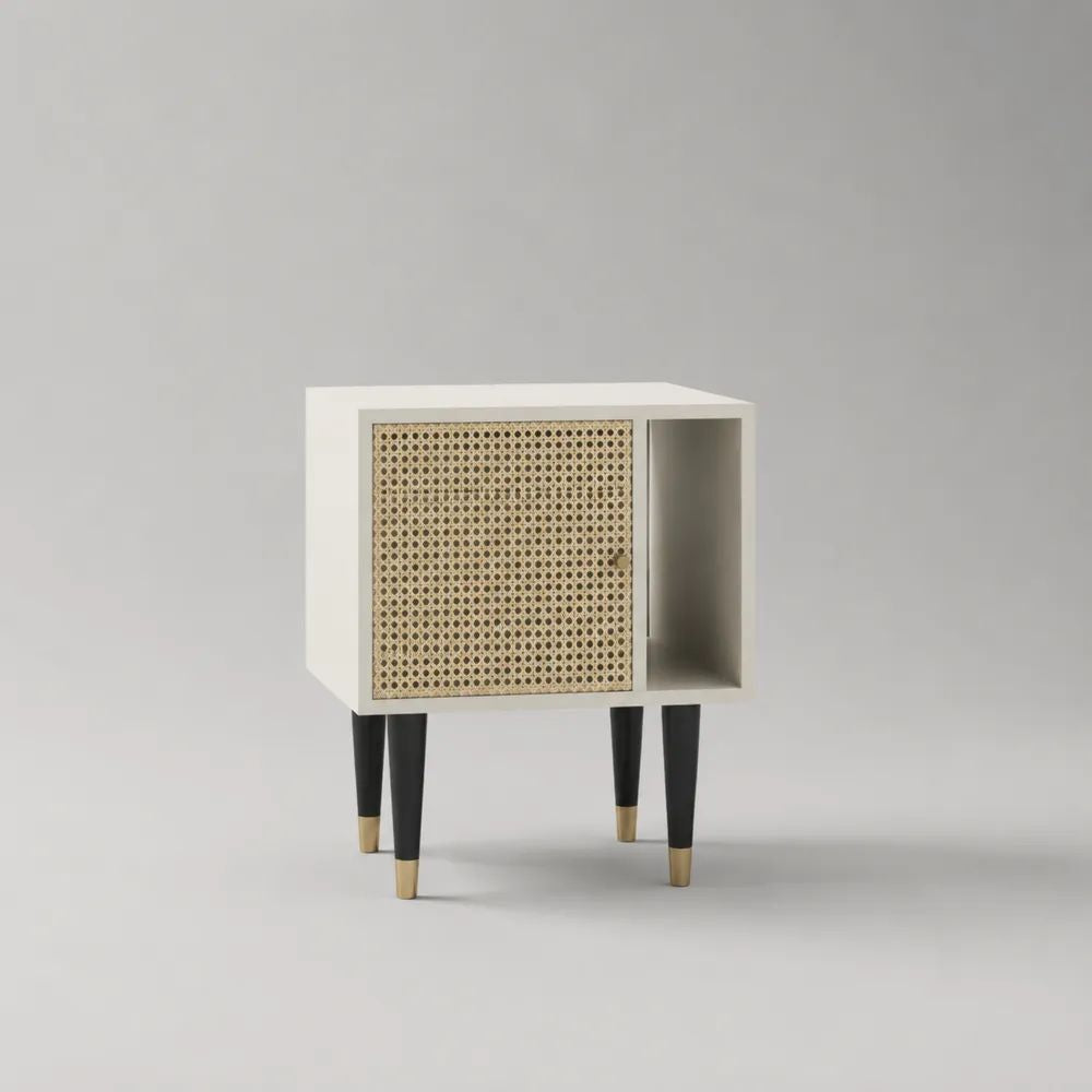 Table de chevet rectangulaire blanche en MDF mélaminé avec porte en cannage de rotin et niche ouverte, 55 × 35 × 65 cm