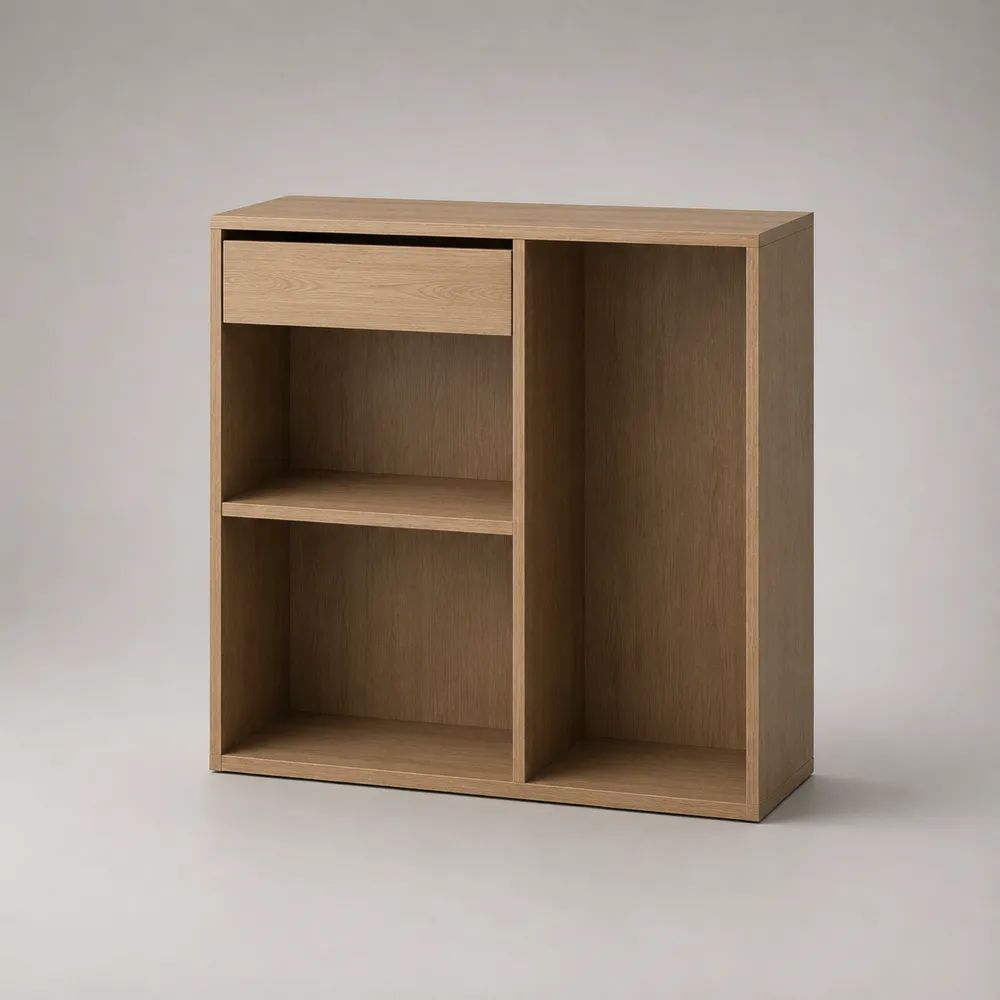 Buffet de rangement en bois finition chêne clair avec 1 tiroir et 3 niches, 90 × 35 × 100 cm