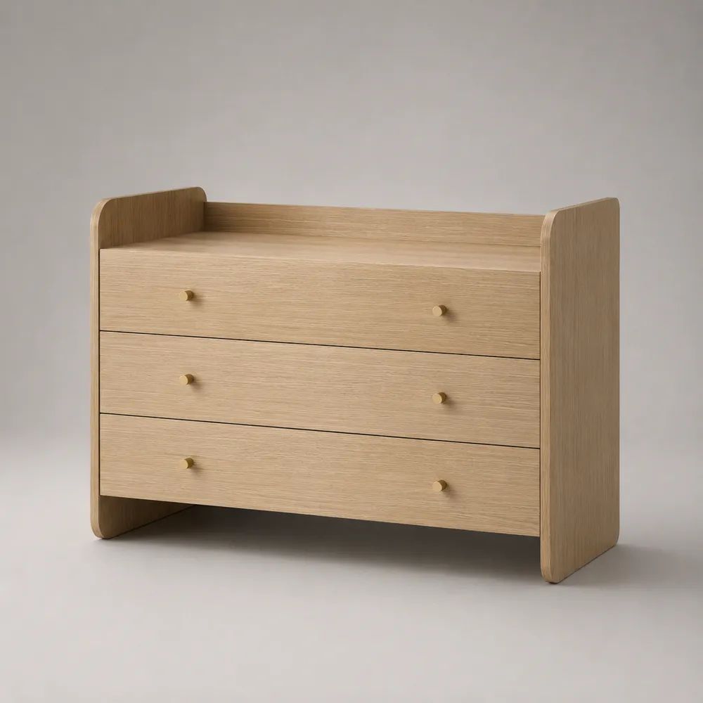 Commode basse rectangulaire à 3 tiroirs en MDF plaqué chêne, chêne naturel, 100 × 45 × 80 cm