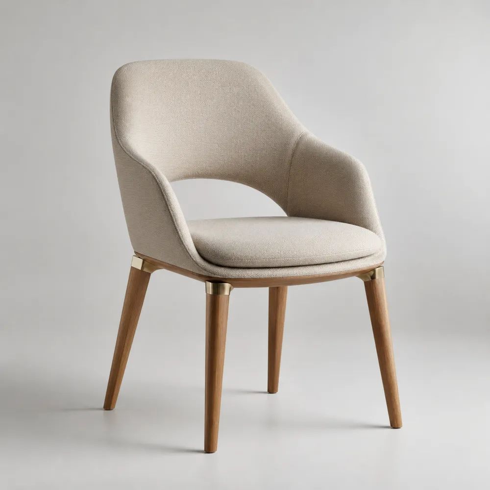 Chaise de salle à manger rembourrée avec accoudoirs, tissu beige, bois naturel et métal doré, 58 × 60 × 82 cm