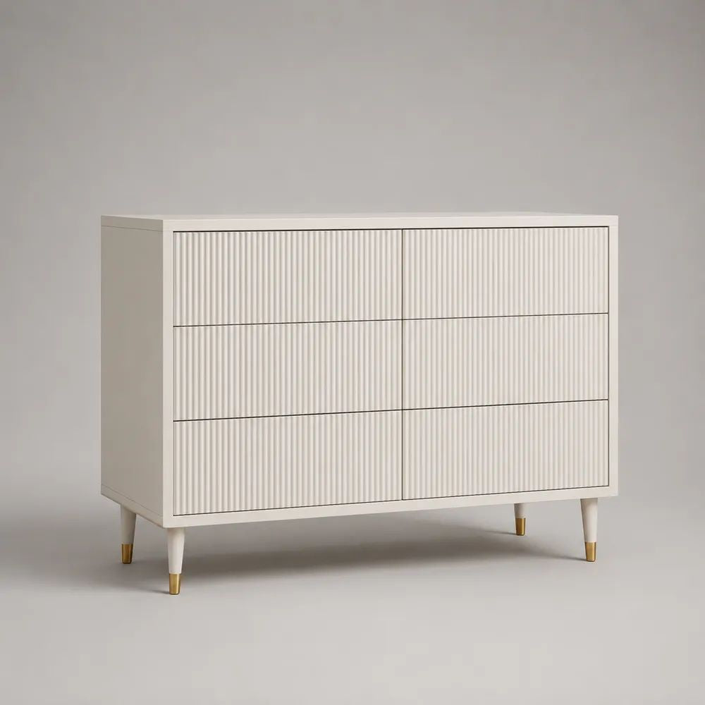 Buffet rectangulaire à 6 tiroirs en bois et métal, blanc et doré, 120 × 40 × 85 cm