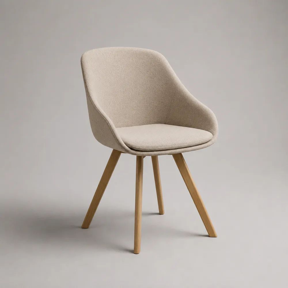Chaise de salle à manger rembourrée en tissu bouclé beige, dossier enveloppant et pieds en bois, 58 × 60 × 82 cm