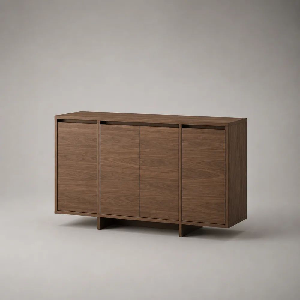 Buffet rectangulaire 4 portes en MDF plaqué noyer brun, 160 × 40 × 85 cm