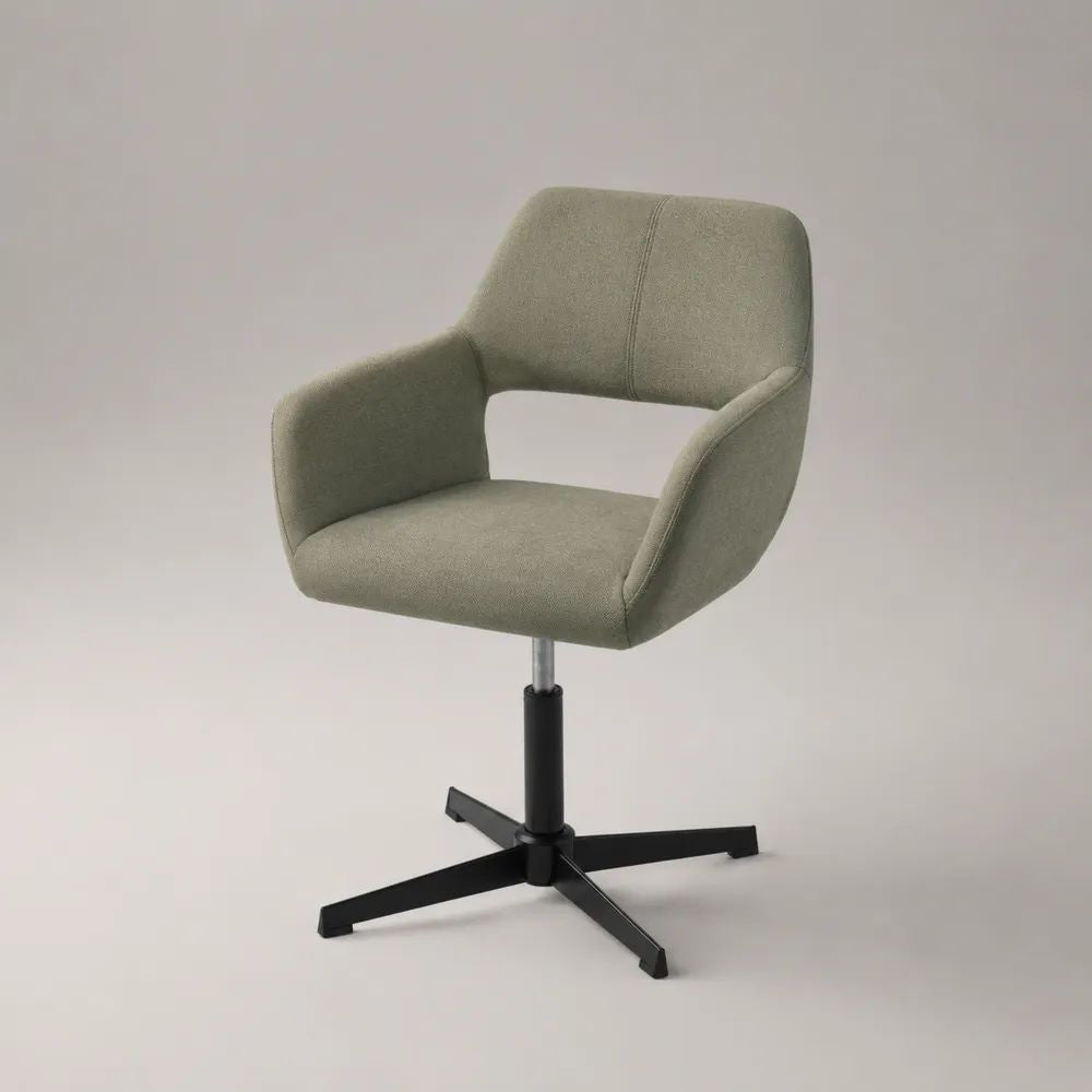 Chaise pivotante réglable avec accoudoirs en tissu vert sauge et acier noir, 57 x 58 x 78-88 cm