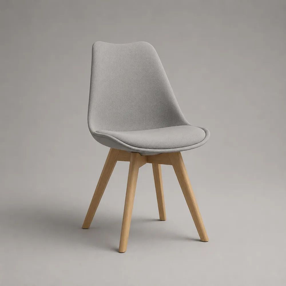 Chaise de salle à manger rembourrée en tissu gris clair avec pieds en bois massif, 49 × 55 × 83 cm