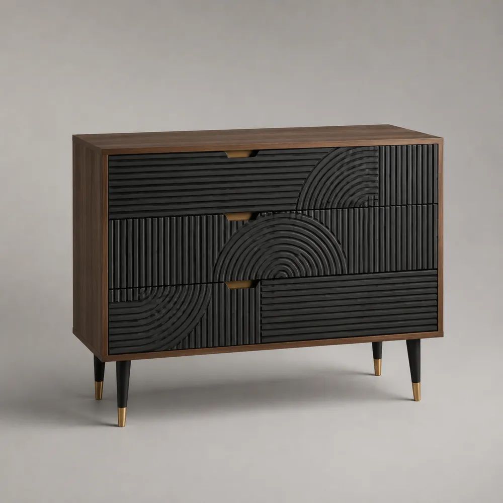 Buffet bas rectangulaire à 3 tiroirs en MDF plaqué noyer noir et brun, 120 × 40 × 90 cm