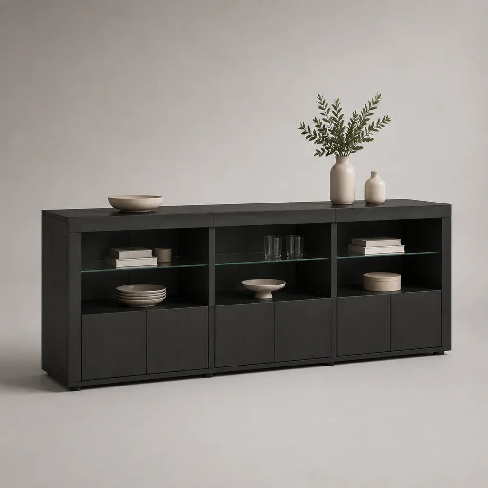 Buffet bas rectangulaire 6 portes en panneaux de particules mélaminés et verre trempé noir mat 210 x 40 x 90 cm