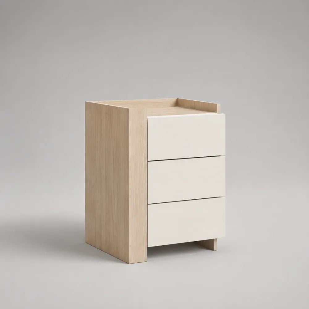 Table de chevet rectangulaire en bois à 3 tiroirs, chêne clair et blanc cassé, 45 × 40 × 65 cm