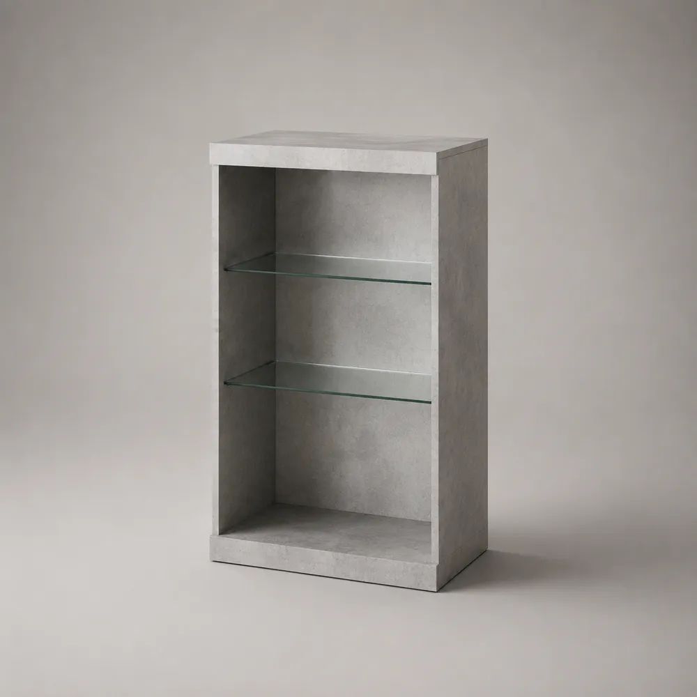 Buffet ouvert rectangulaire en panneaux de particules mélaminés avec 2 étagères en verre trempé, gris béton, 60 × 35 × 110 cm