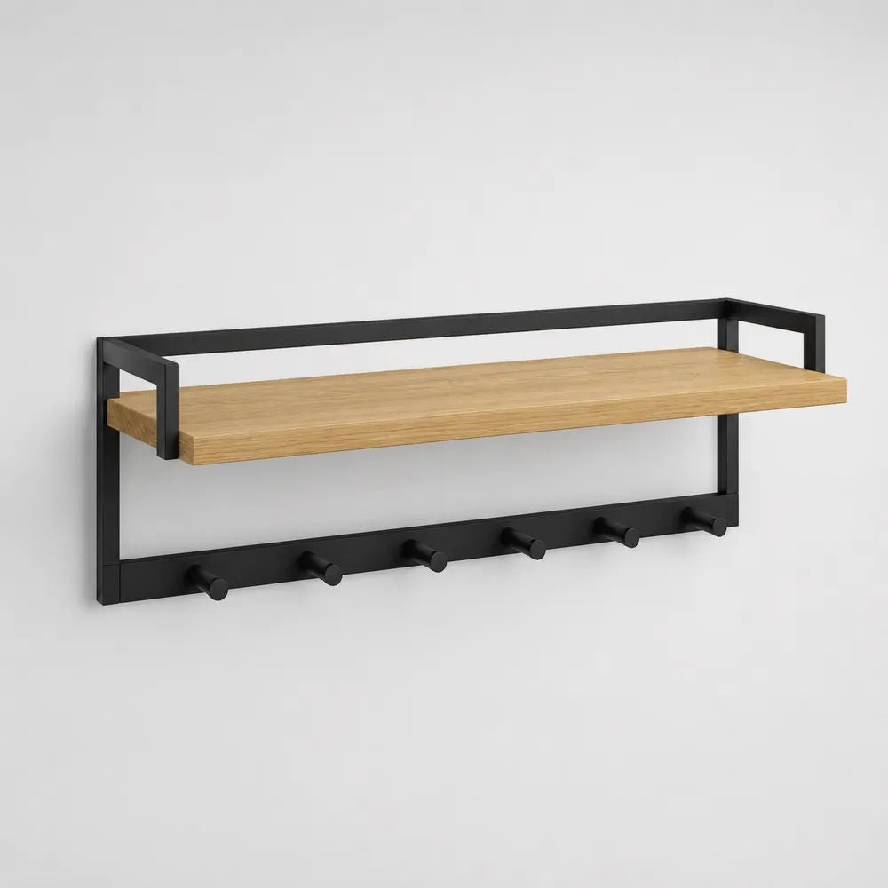 Porte-manteau mural rectangulaire avec étagère et 6 patères en acier noir et MDF plaqué chêne clair, 80 × 30 × 35 cm