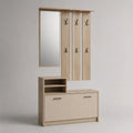 Vestiaire d'entrée en bois avec meuble à chaussures, miroir et 6 patères, chêne clair et beige, 100 × 32 × 190 cm