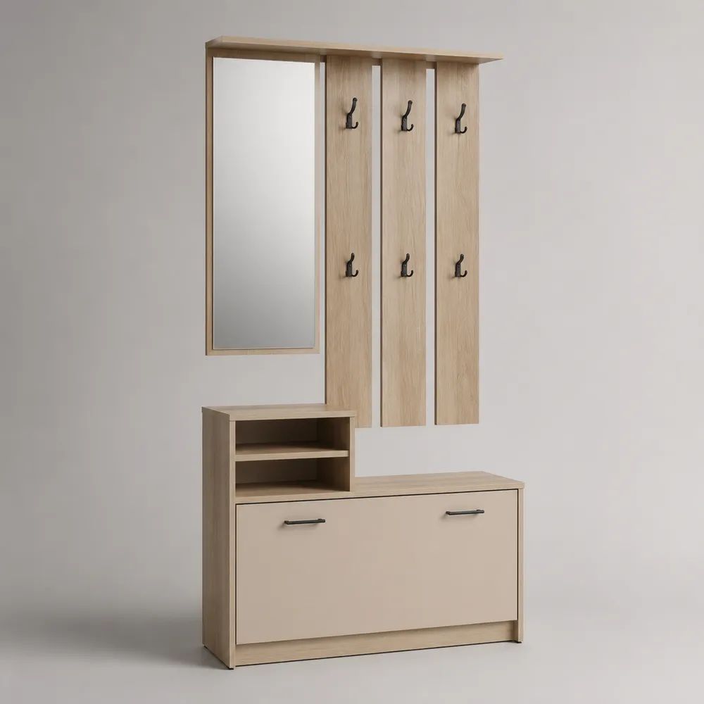 Vestiaire d'entrée en bois avec meuble à chaussures, miroir et 6 patères, chêne clair et beige, 100 × 32 × 190 cm