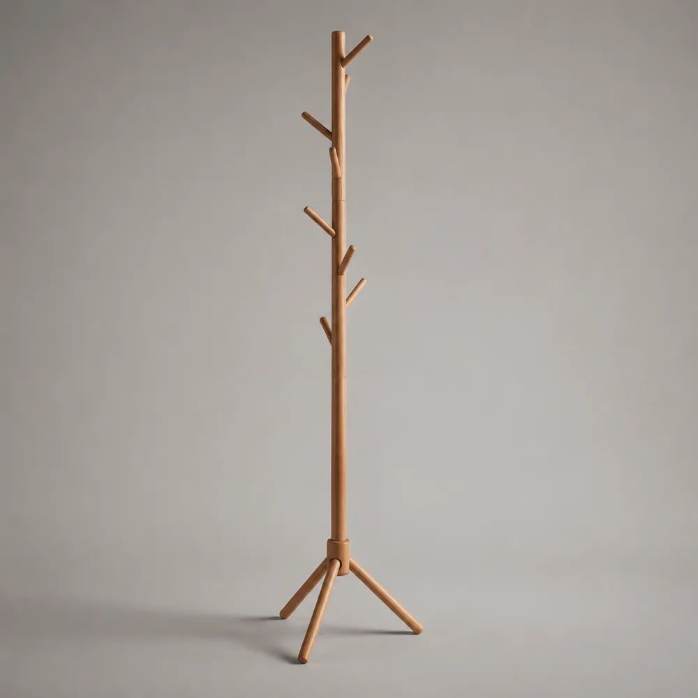 Porte-manteau sur pied en bois à 7 crochets, forme arbre, brun naturel, 175 × 50 × 50 cm