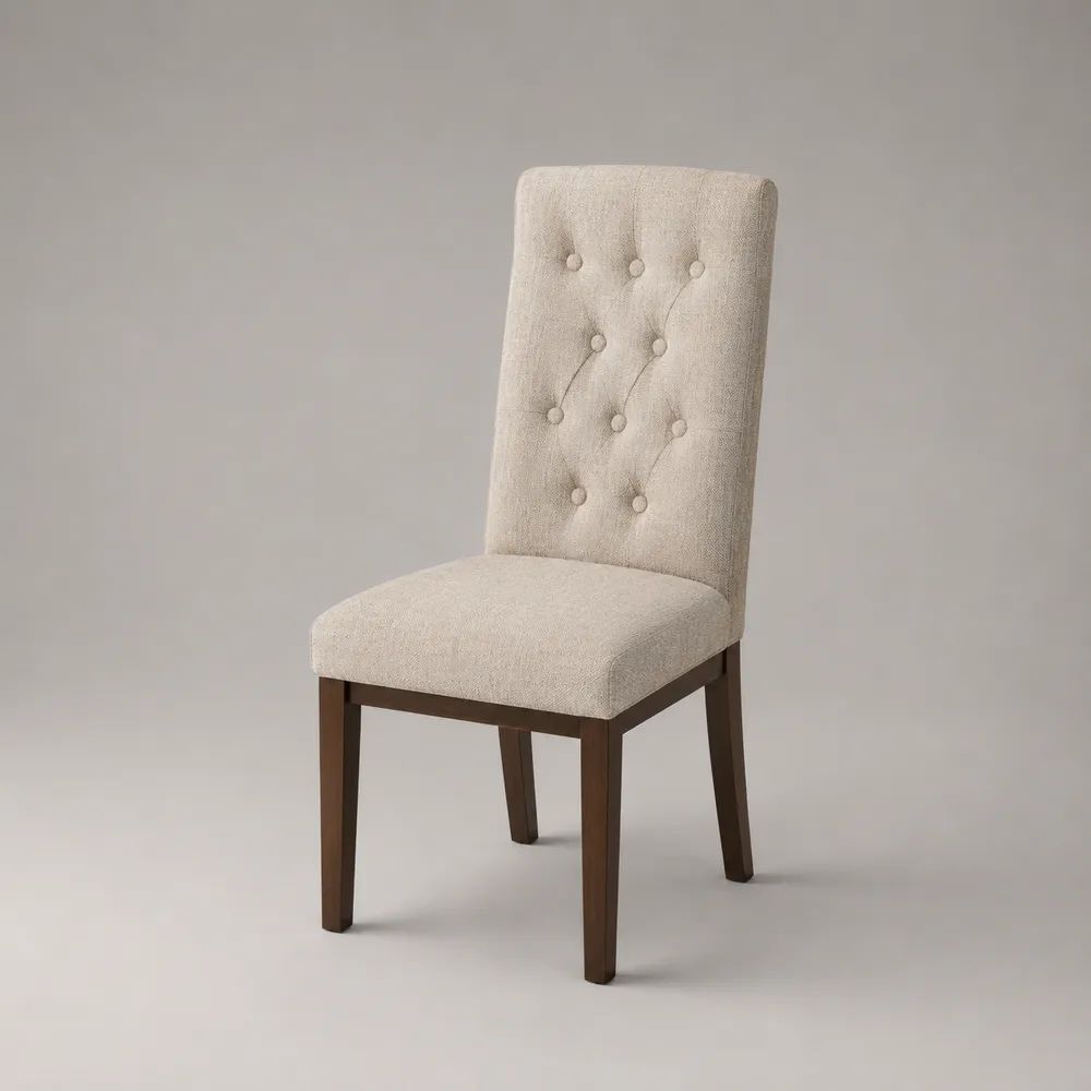 Chaise de salle à manger rembourrée en polyester avec cadre en hévéa massif, dossier capitonné beige, 47 × 58 × 99 cm