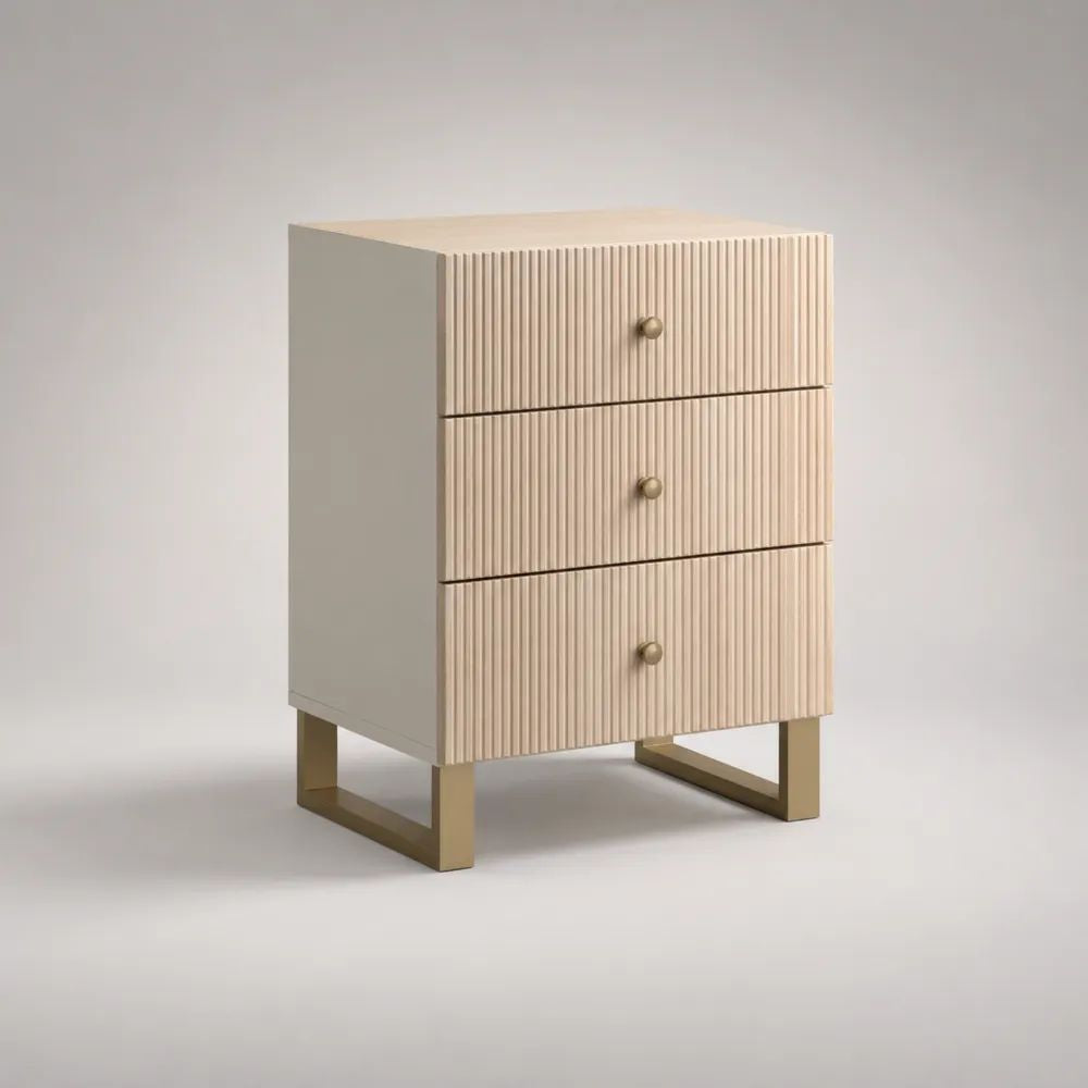 Table de chevet rectangulaire à 3 tiroirs en MDF et acier, beige et doré, 50 × 40 × 65 cm