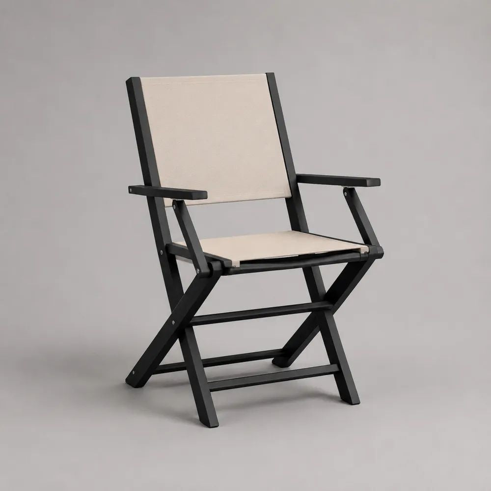 Chaise de jardin pliante avec accoudoirs en acier et toile, noir et beige, 58 x 56 x 88 cm