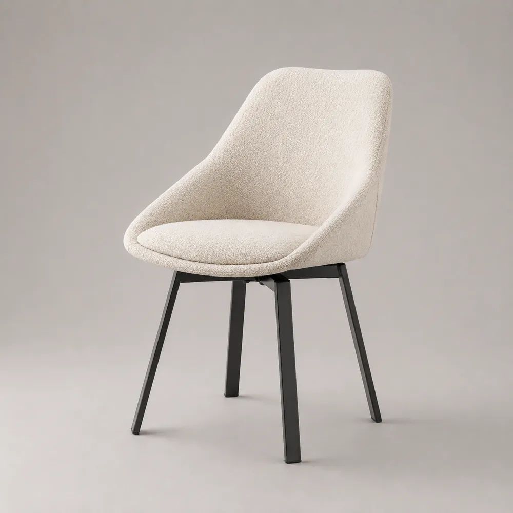 Chaise de salle à manger rembourrée en tissu bouclé écru avec pieds en acier noir, 58 × 61 × 83 cm